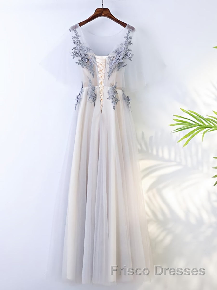 A Line Round Neck Half Sleeves Gray Lace Formal Prom Dresses, Gray Floral Long Formal Evening Dresses