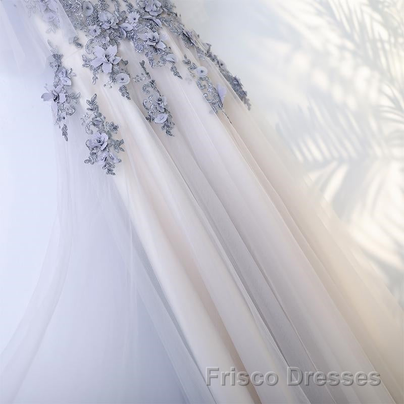 A Line Round Neck Half Sleeves Gray Lace Formal Prom Dresses, Gray Floral Long Formal Evening Dresses