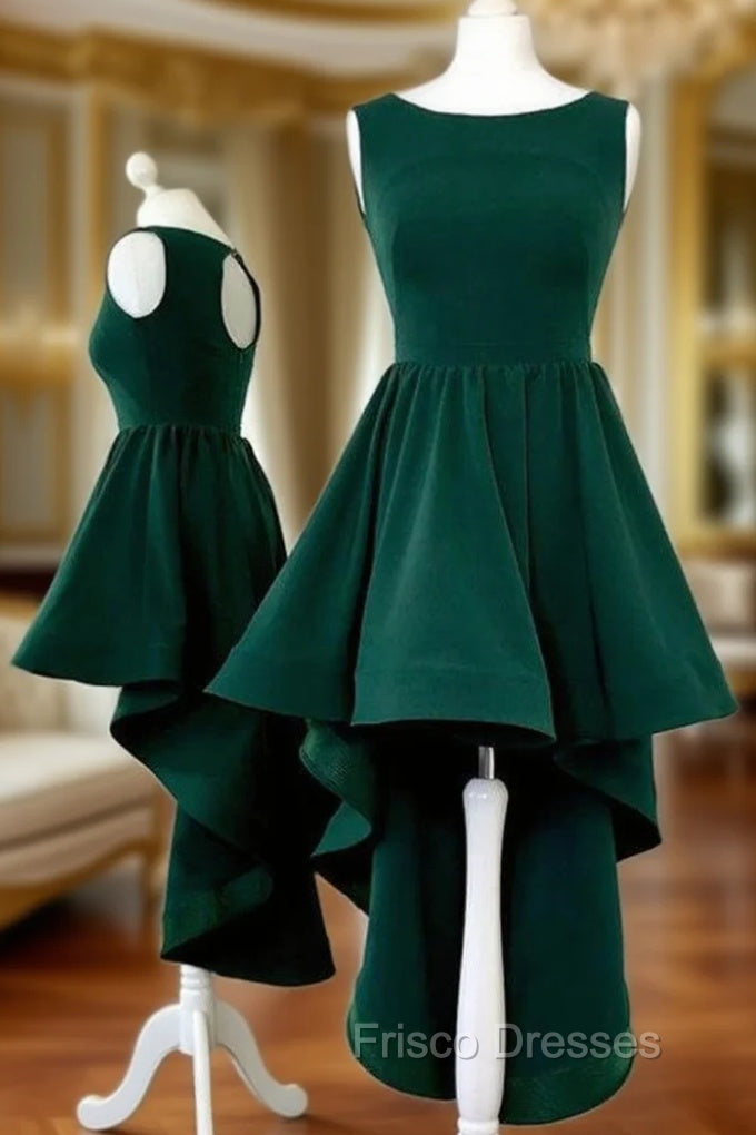A-Line Round Neck High-Low Open Back Green Formal Prom Dress