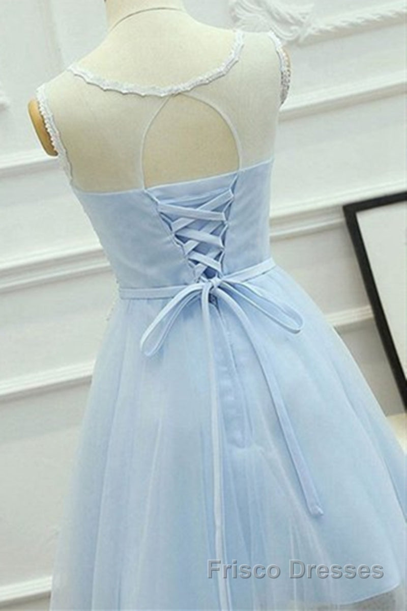 A Line Round Neck Lace Blue Short Formal Prom Dresses, Short Blue Lace Formal Graduation Homecoming Dresses