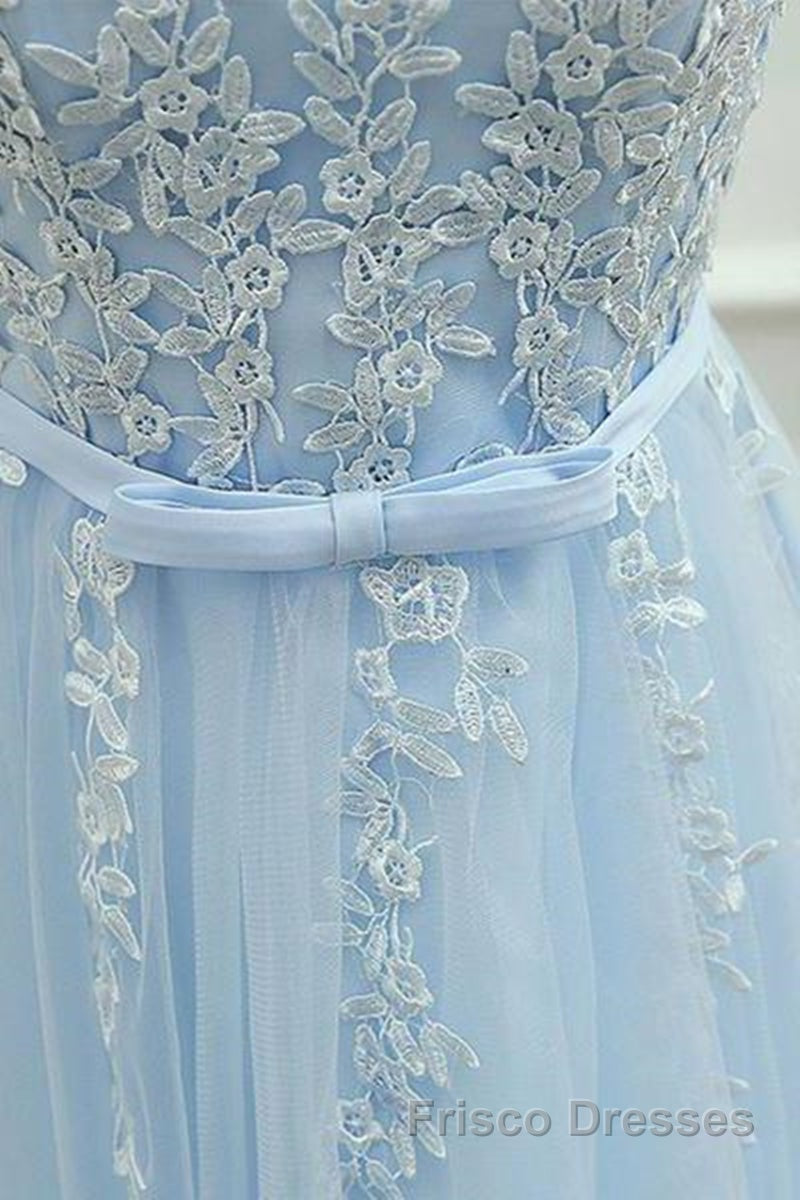 A Line Round Neck Lace Blue Short Formal Prom Dresses, Short Blue Lace Formal Graduation Homecoming Dresses