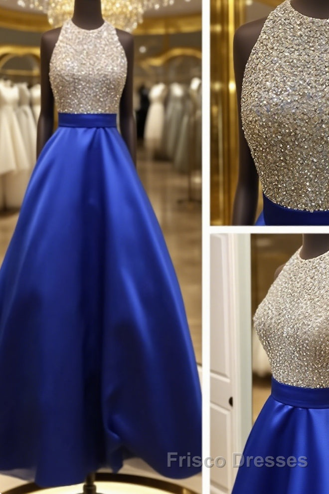 A Line Round Neck Sequins Backless Royal Blue Prom Dresses, Royal Blue Formal Dresses, Backless Royal Blue Evening Dresses