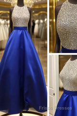 A Line Round Neck Sequins Backless Royal Blue Prom Dresses, Royal Blue Formal Dresses, Backless Royal Blue Evening Dresses
