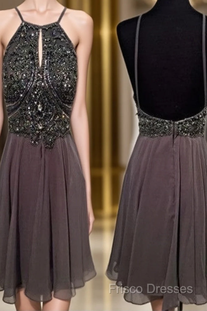 A Line Round Neck Short Grey Backless Formal Prom Dress, Short Grey Backless Formal Dress, Homecoming Dress, Graduation Dress