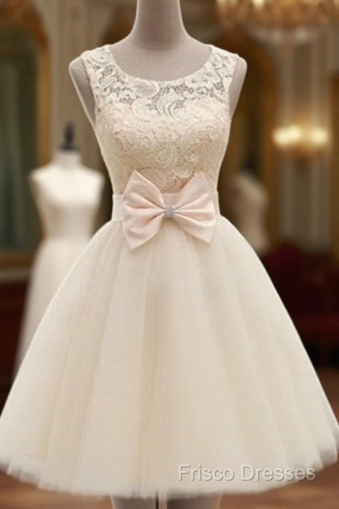 A Line Round Neck Short Ivory Lace Formal Prom Dress, Short Champagne Lace Bridesmaid Dress, Lace Homecoming Dress, Lace Graduation Dress