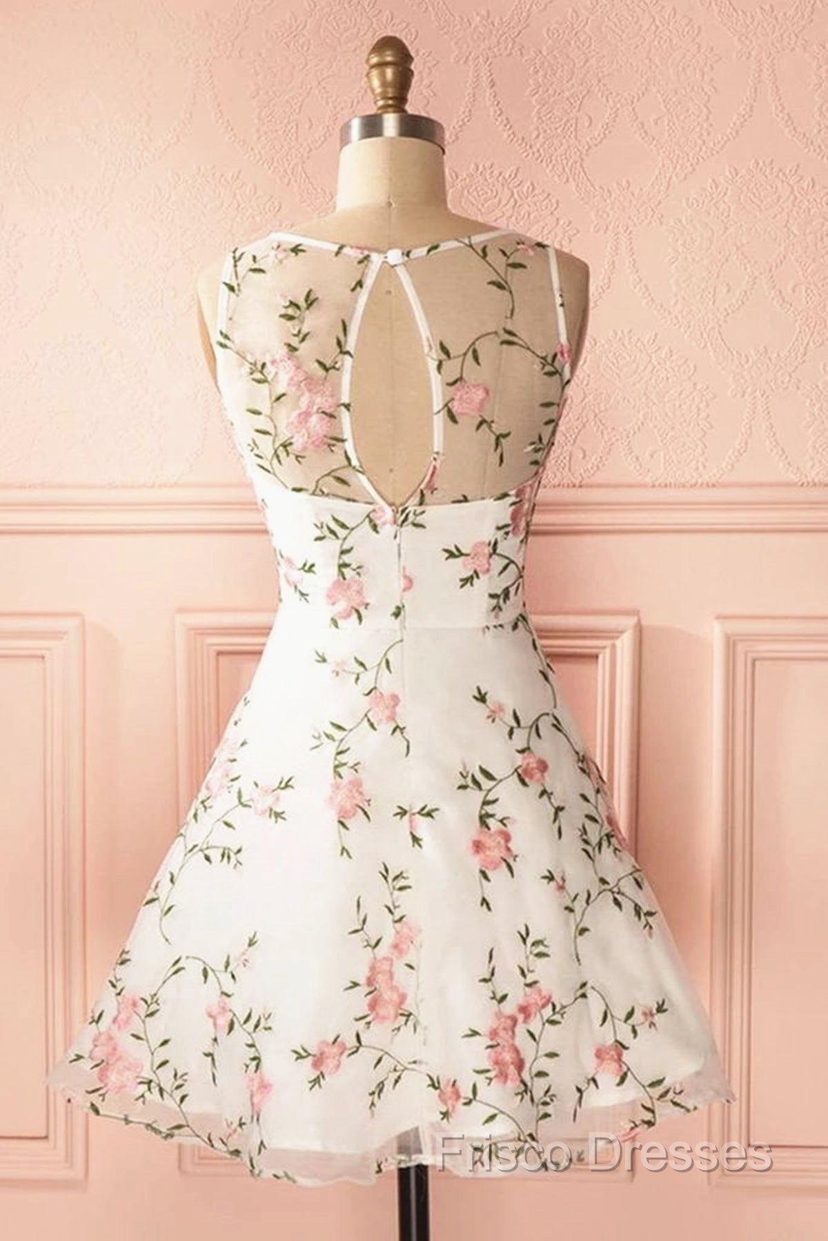 A Line Round Neck Short Lace Floral Formal Prom Dress, Short Lace Floral Formal Homecoming Dress