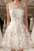 A Line Round Neck Short Lace Floral Formal Prom Dress, Short Lace Floral Formal Homecoming Dress