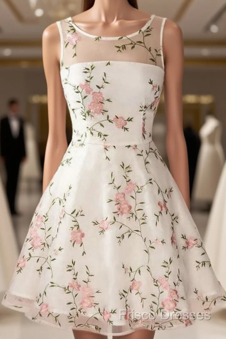 A Line Round Neck Short Lace Floral Formal Prom Dress, Short Lace Floral Formal Homecoming Dress