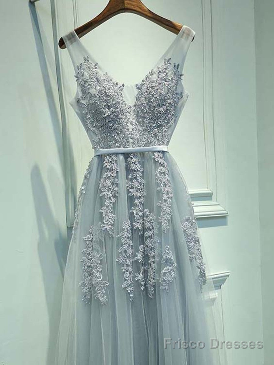A Line Round Neck Sleeveless Grey Lace Prom Dresses, Lace Bridesmaid Dresses, Formal Dresses Main image