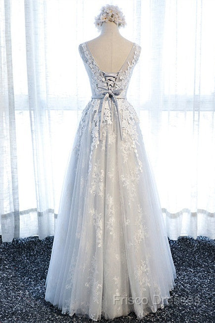 A Line Round Neck Sleeveless Lace Grey/Pink/Champagne Formal Prom Dress, Lace Formal Dress, Formal Dress