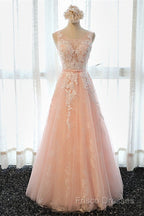 A Line Round Neck Sleeveless Lace Grey/Pink/Champagne Formal Prom Dress, Lace Formal Dress, Formal Dress