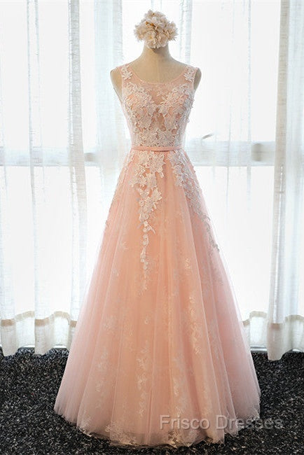 A Line Round Neck Sleeveless Lace Grey/Pink/Champagne Formal Prom Dress, Lace Formal Dress, Formal Dress