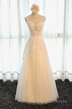 A Line Round Neck Sleeveless Lace Grey/Pink/Champagne Formal Prom Dress, Lace Formal Dress, Formal Dress