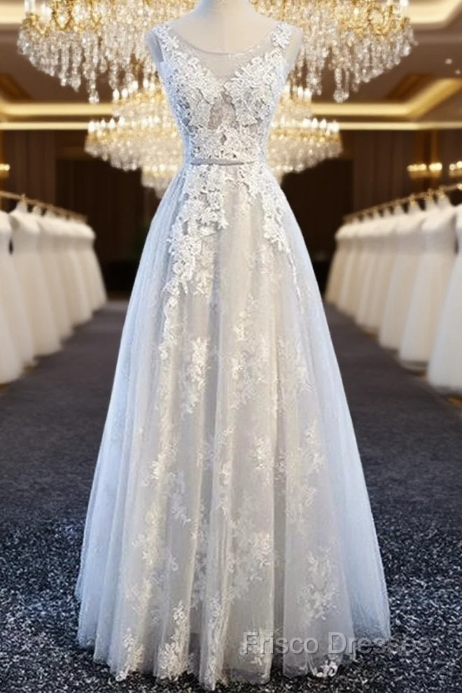 A Line Round Neck Sleeveless Lace Grey/Pink/Champagne Formal Prom Dress, Lace Formal Dress, Formal Dress Main image