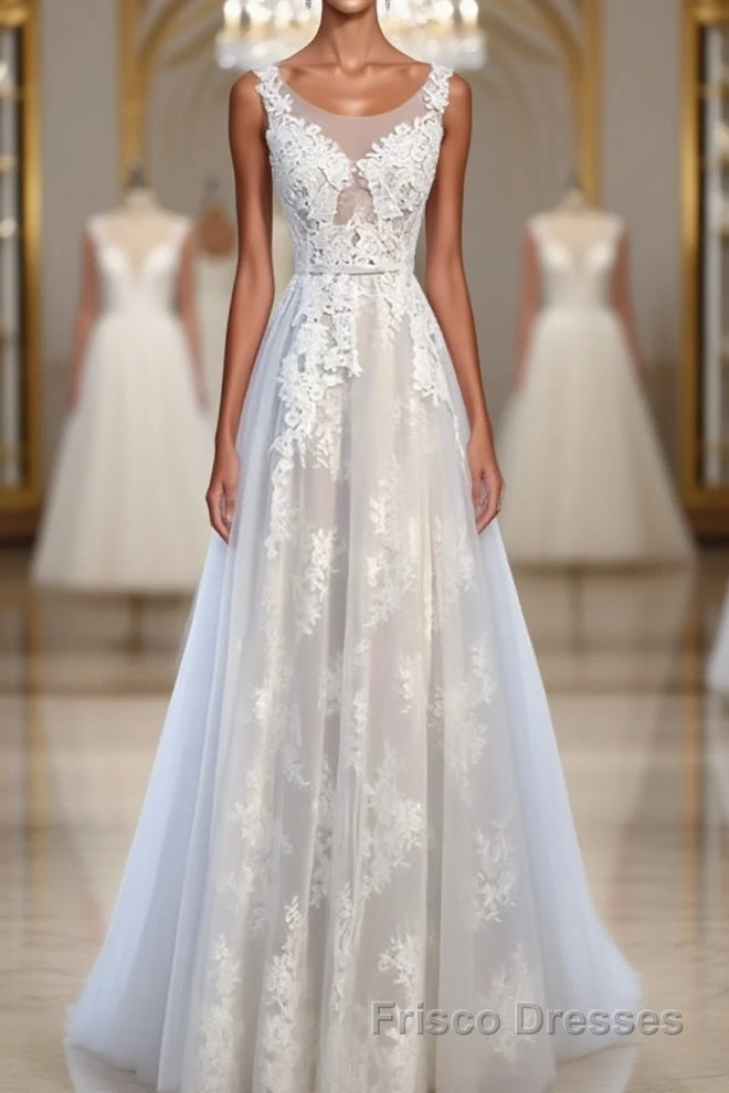 A Line Round Neck Sleeveless Lace Formal Prom Dresses, Lace Formal Dresses