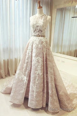 A Line Round Neck Sleeveless Ruched Lace Long Prom Wedding Dress With Belt