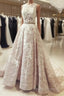 A Line Round Neck Sleeveless Ruched Lace Long Formal Prom Wedding Dress With Belt