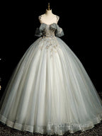 A-Line Round Neck Tulle Gray Blue Long Formal Prom Dress, Tulle Sequin Lace Long Evening Dress