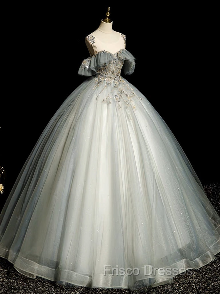 A-Line Round Neck Tulle Gray Blue Long Formal Prom Dress, Tulle Sequin Lace Long Evening Dress