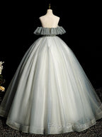 A-Line Round Neck Tulle Gray Blue Long Formal Prom Dress, Tulle Sequin Lace Long Evening Dress