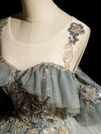 A-Line Round Neck Tulle Gray Blue Long Formal Prom Dress, Tulle Sequin Lace Long Evening Dress