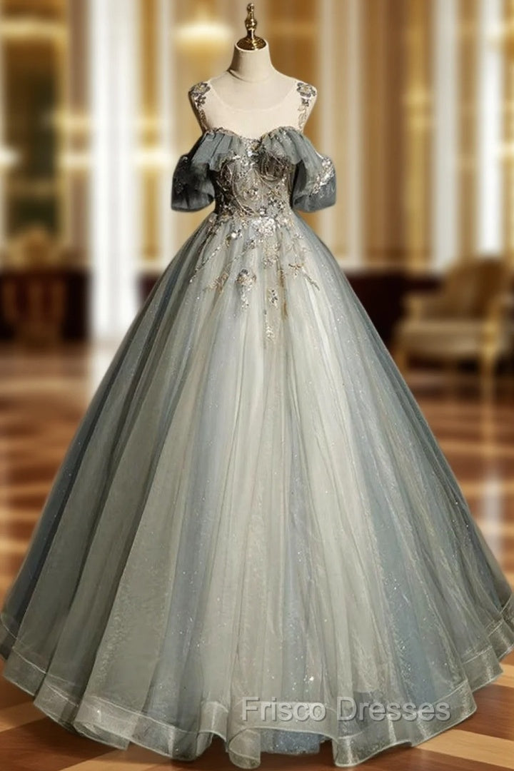 A-Line Round Neck Tulle Gray Blue Long Formal Prom Dress, Tulle Sequin Lace Long Evening Dress Main image
