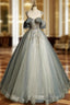A-Line Round Neck Tulle Gray Blue Long Formal Prom Dress, Tulle Sequin Lace Long Evening Dress