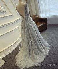 A-Line Round Neck Tulle Lace Long Gray Prom Dress, Bridesmaid Dress
