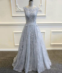 A-Line Round Neck Tulle Lace Long Gray Prom Dress, Bridesmaid Dress