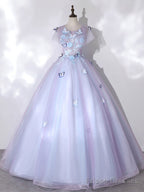 A-Line Round Neck Tulle Lace Purple Long Prom Dress, Purple Formal Dress