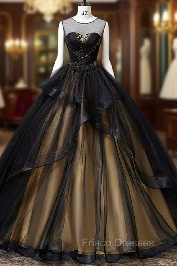 A-Line Round Neck Tulle Long Formal Prom Dress, Elegant Evening Dress Main image