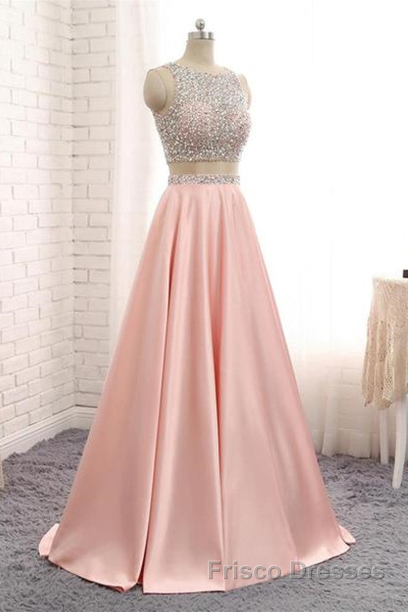 A Line Round Neck Two Pieces Beaded Pink Formal Prom Dresses, Two Pieces Pink Formal Dresses, Pink Evening Dresses