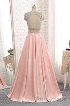 A Line Round Neck Two Pieces Beaded Pink Formal Prom Dresses, Two Pieces Pink Formal Dresses, Pink Evening Dresses