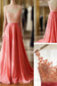 A Line Round Neck V Neck Back Long Coral Lace Formal Prom Dress, Long Lace Formal Dress, Formal Dress, Bridesmaid Dress