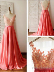 A Line Round Neck V Neck Back Long Coral Lace Prom Dress, Long Lace Formal Dresses, Evening Dresses, Bridesmaid Dresses