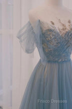 A-Line Round Neckline Blue Tulle With Lace Long Party Dress, Tulle Formal Dress Formal Prom Dress