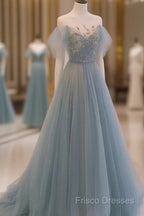 A-Line Round Neckline Blue Tulle With Lace Long Party Dress, Tulle Formal Dress Formal Prom Dress