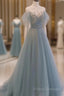 A-Line Round Neckline Blue Tulle With Lace Long Party Dress, Tulle Formal Dress Formal Prom Dress