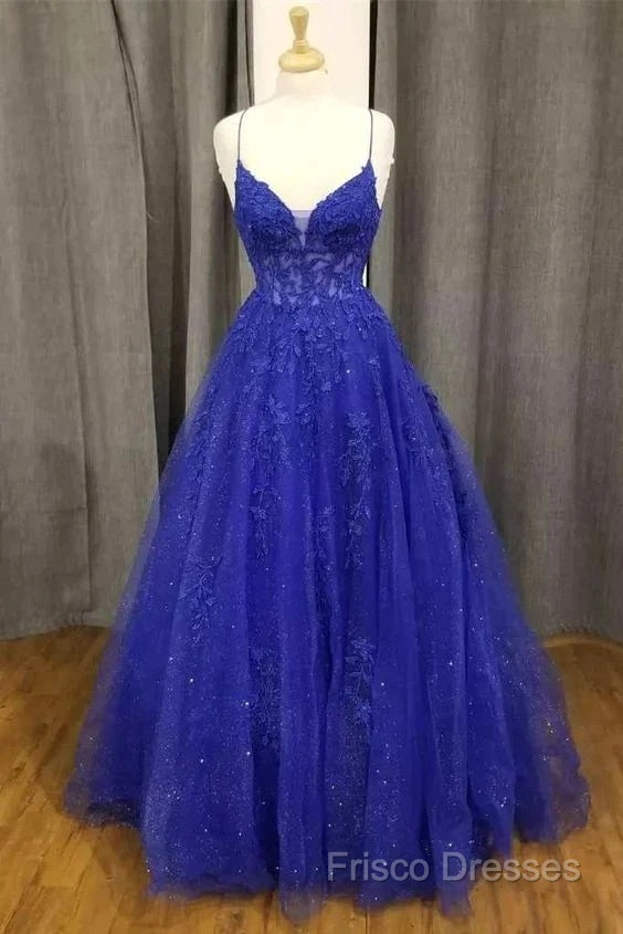 A-Line Royal Blue Formal Gown Long V-Neck Lace Formal Prom Dress Applique