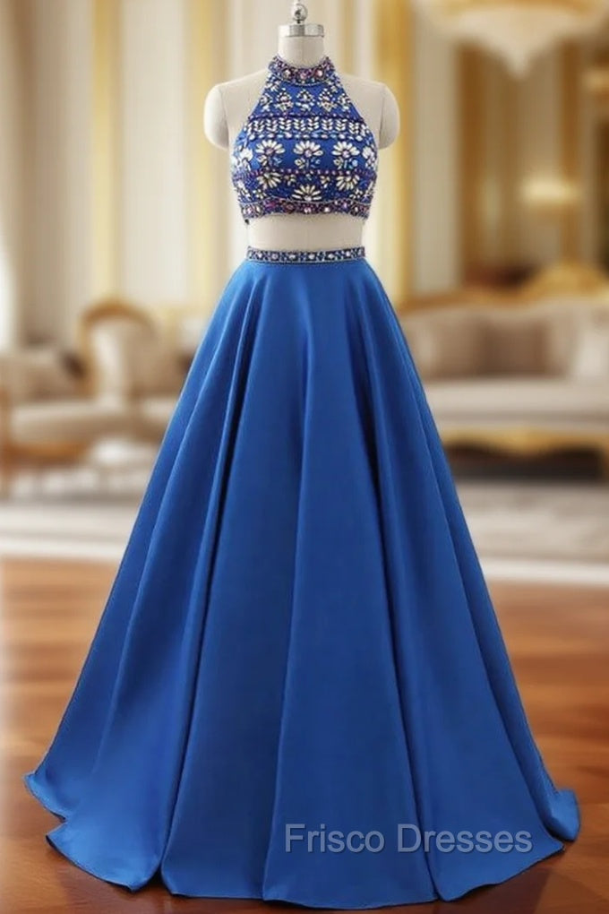 A-Line Royal Blue Satin Two Piece Halter Backless Formal Prom Dress With Crystal