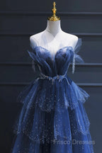 A Line Royal Blue Tulle Beaded Long Senior Formal Prom Dress