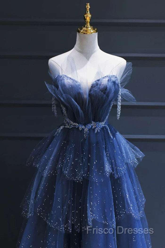 A Line Royal Blue Tulle Beaded Long Senior Formal Prom Dress