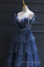 A Line Royal Blue Tulle Beaded Long Senior Formal Prom Dress