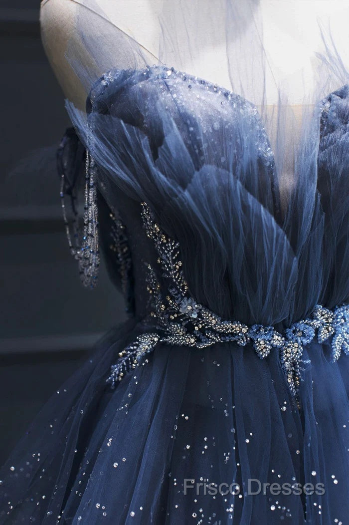 A Line Royal Blue Tulle Beaded Long Senior Formal Prom Dress