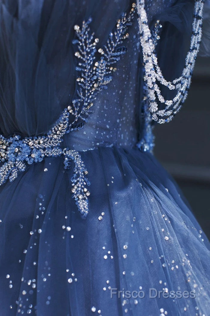 A Line Royal Blue Tulle Beaded Long Senior Formal Prom Dress