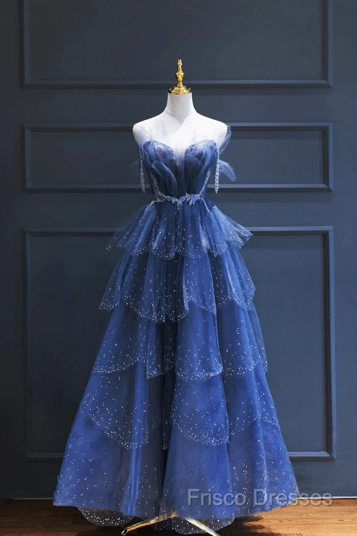 A Line Royal Blue Tulle Beaded Long Senior Formal Prom Dress