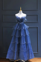 A Line Royal Blue Tulle Beaded Long Senior Prom Dress