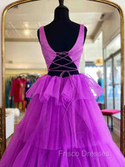 A Line Ruffles Purple Tulle Long Formal Prom Dress