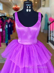 A Line Ruffles Purple Tulle Long Formal Prom Dress