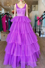 A Line Ruffles Purple Tulle Long Formal Prom Dress